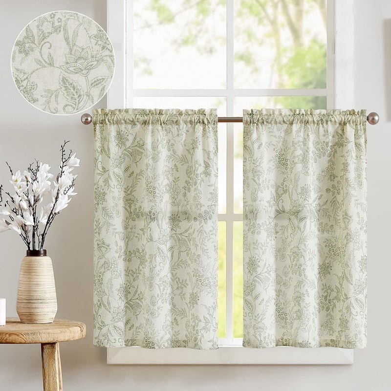 jinchan Floral Kitchen Curtains for Windows 36 Inch Linen Tier Farmhouse Cafe Curtains Country Botanic Small Window Rod Pocket Rustic Flax for Laundry Bathroom RV 2 Panels Sage Green on Beige - Image 1
